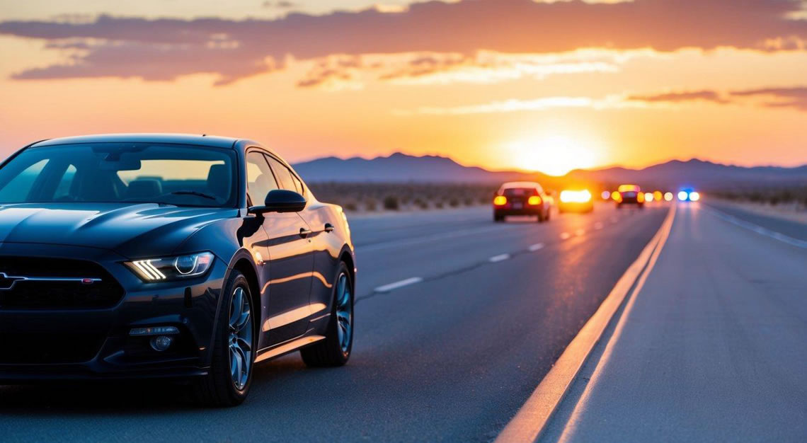 A car pulled over on the side of a desert highway at sunset, with flashing police lights in the background