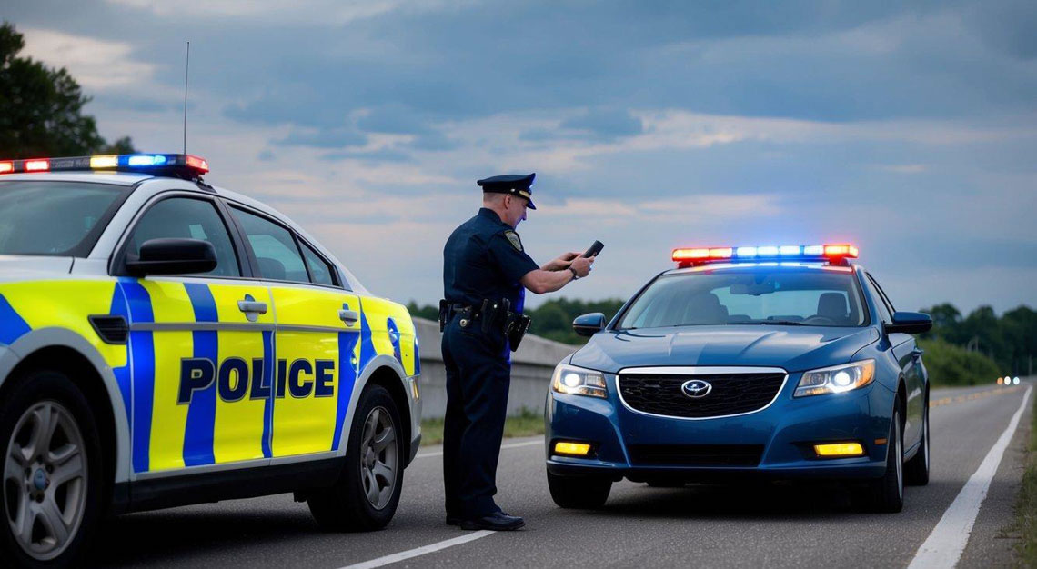 A car parked on the side of the road with flashing police lights and an officer administering a field sobriety test to a driver