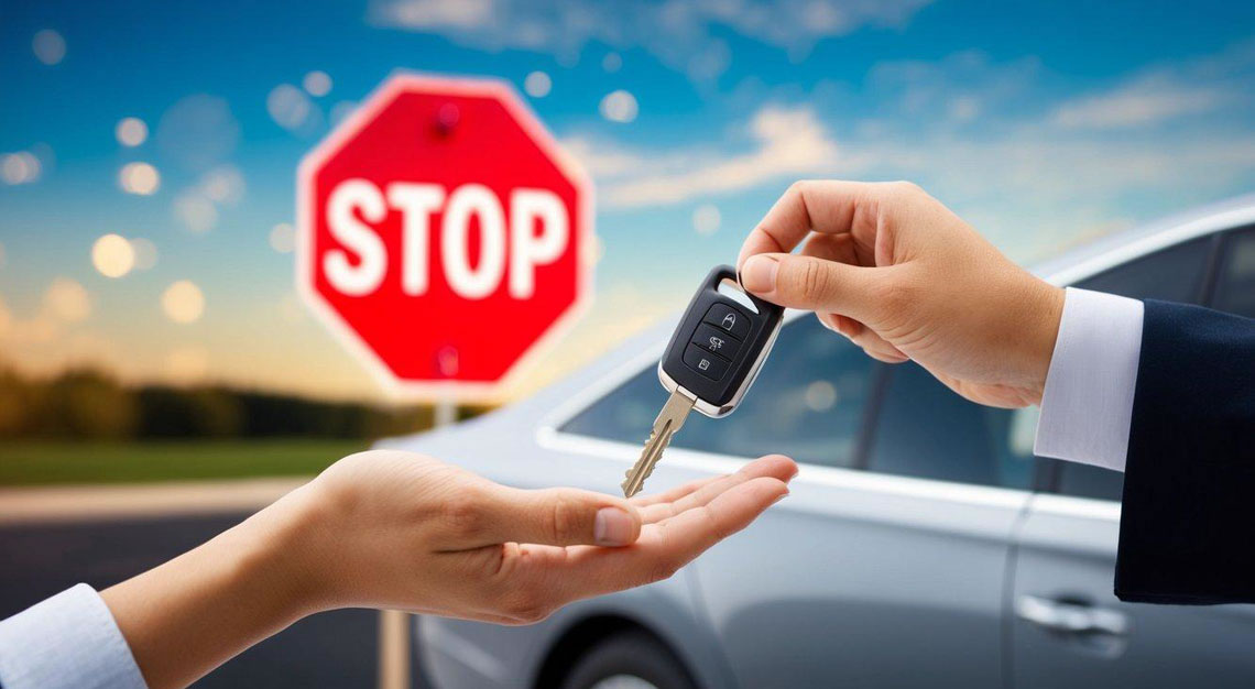 A car key being taken away by a hand with a red stop sign in the background
