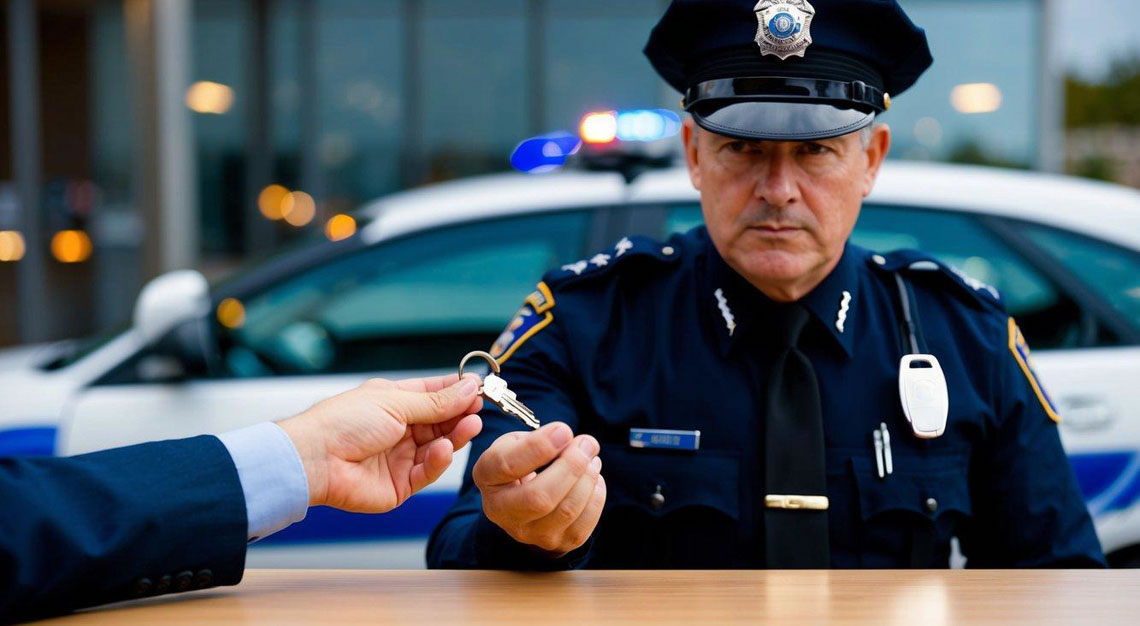 A car key being handed over to a stern-looking police officer
