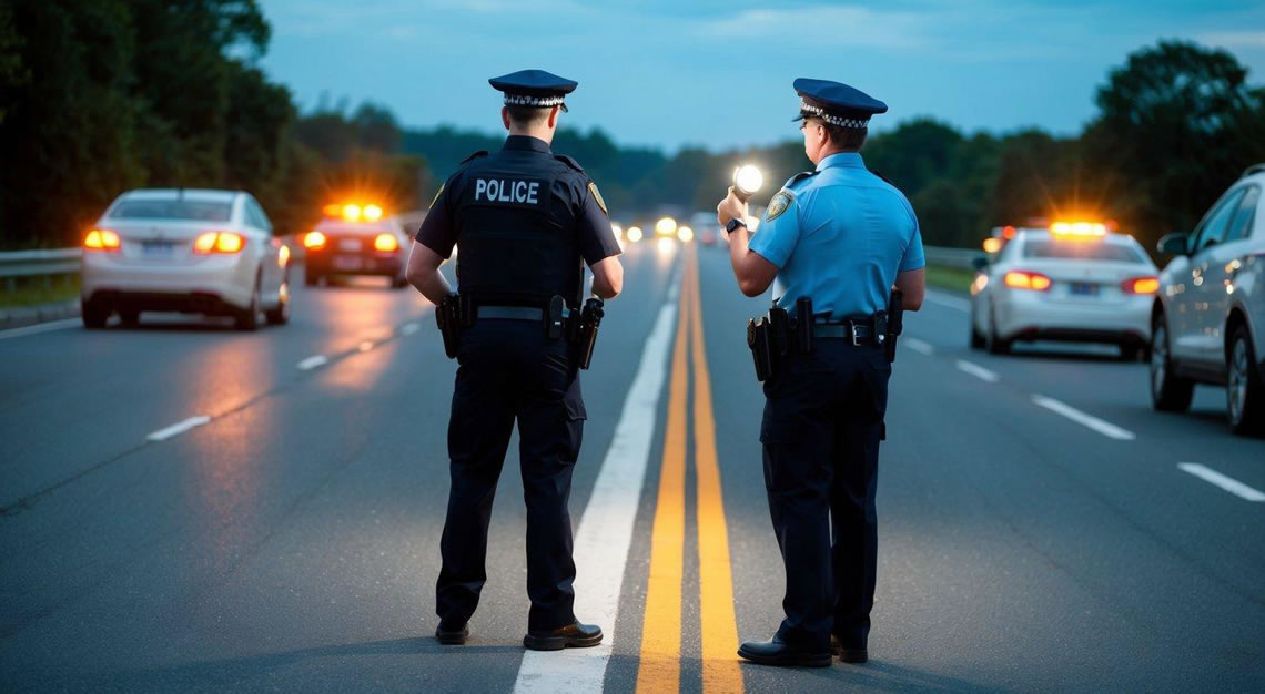 A person standing on a roadside, facing a police officer with a flashlight, while cars pass by
