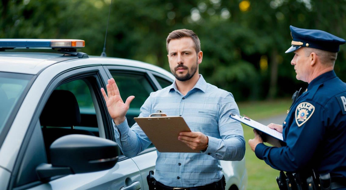 A driver standing outside a car, gesturing to refuse a field sobriety test as a police officer holds out a clipboard