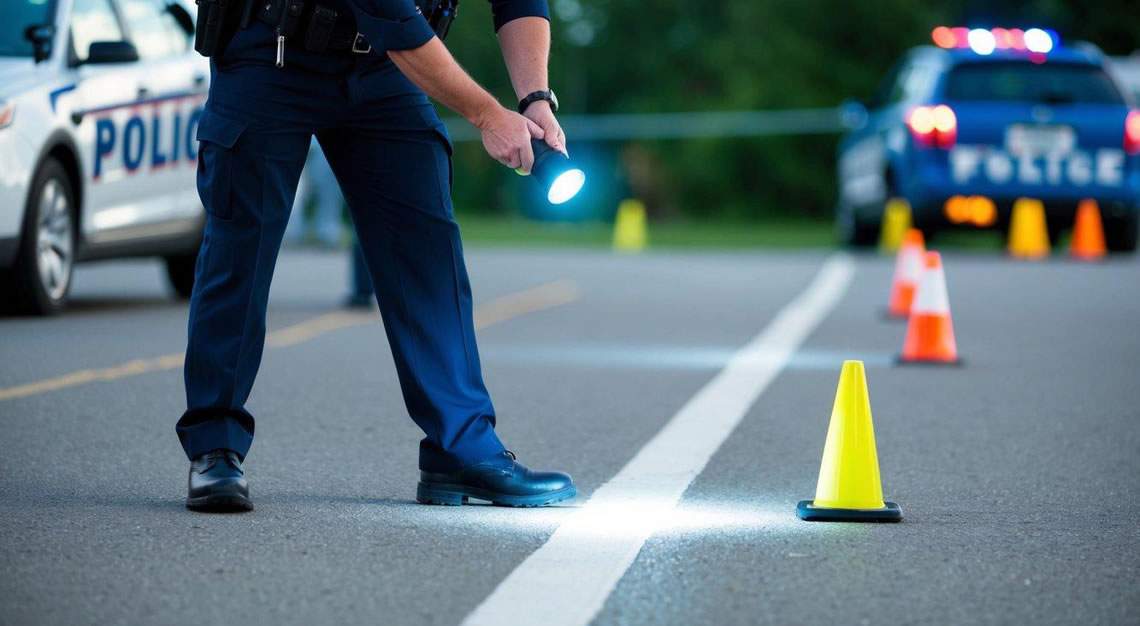 A police officer holding a flashlight shines it on the ground as they instruct a driver to walk in a straight line and perform other field sobriety tests