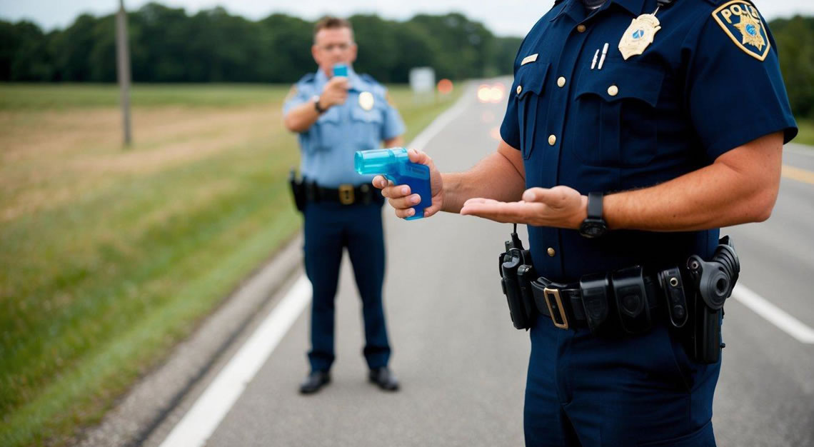 A person standing on the side of the road, with a police officer holding out a breathalyzer and gesturing for them to take a field sobriety test